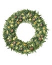 Christmas wreath with red and blue berries and cones. Watercolor hand drawn composition of pine branches isolated on white backgro Royalty Free Stock Photo