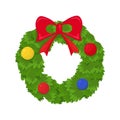 Christmas wreath with red bow and balls isolated on white background. Vector illustration Royalty Free Stock Photo