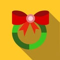 Christmas wreath with red bow icon, flat style Royalty Free Stock Photo
