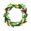 Christmas Wreath with Red Bows and Mistletoe Twigs Twisted in a Circle Vector Illustration