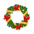 Christmas Wreath with red bows, yellow ribbons, balls and light bulb chain garland. Happy New Year. Winter holidays