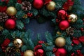 A Christmas wreath with red and gold ornaments is beautifully displayed, exuding holiday cheer, A traditional Christmas wreath Royalty Free Stock Photo