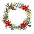 Christmas wreath of red poinsettia and leaves. Watercolor illustration Royalty Free Stock Photo