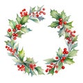 Christmas wreath of red poinsettia and leaves. Watercolor illustration Royalty Free Stock Photo