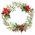 Christmas wreath of red poinsettia and leaves. Watercolor illustration Royalty Free Stock Photo