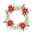 Christmas wreath of red poinsettia and leaves. Watercolor illustration. Royalty Free Stock Photo