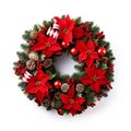 christmas wreath, red ribbon bow, isolated on white background Royalty Free Stock Photo