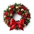 christmas wreath, red ribbon bow, isolated on white background Royalty Free Stock Photo