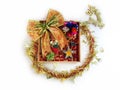 Christmas wreath and Reindeer on white background. Gold ribbon a Royalty Free Stock Photo