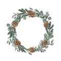 Watercolor holiday frame with eucalyptus branches, pine and fir tree twigs. Christmas wreath on white background