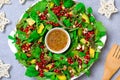 Christmas Wreath Salad with Pomegranate, Avocado, Salad Mix, Almond and Honey-Mustard Dressing, Healthy Eating