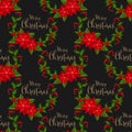 Christmas wreath decorated with holly berries branch and Red Poinsettia Christmas flower seamless pattern.