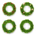 Christmas Wreath Set with Christmas Balls, Lights and Red Berries. Vector. Royalty Free Stock Photo