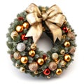 Christmas wreath with shiny baubles anr ribbon. Ornate wreath for winter holidays. Generated AI. Royalty Free Stock Photo