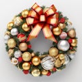 Christmas wreath with shiny baubles anr ribbon. Ornate wreath for winter holidays. Generated AI. Royalty Free Stock Photo