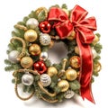 Christmas wreath with shiny baubles anr ribbon. Ornate wreath for winter holidays. Generated AI. Royalty Free Stock Photo