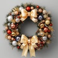 Christmas wreath with shiny baubles anr ribbon. Ornate wreath for winter holidays. Generated AI. Royalty Free Stock Photo