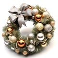 Christmas wreath with shiny baubles anr ribbon. Ornate wreath for winter holidays. Generated AI. Royalty Free Stock Photo