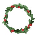 Christmas wreath. simple watercolor drawing, wreath of green spruce branches and red berries. symbol of new year, christmas Royalty Free Stock Photo