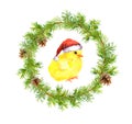 Christmas wreath, small in red santa`s hat. Watercolor bird