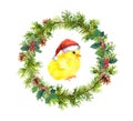 Christmas wreath, small in red santa`s hat. Watercolor bird