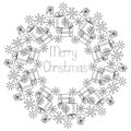 Christmas wreath of snowflakes and gifts with bows, coloring page from festive mandala and themed lettering