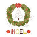 Christmas wreath with snowy fir tree and shining Noel typography cartoon card vector illustration. Royalty Free Stock Photo