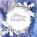 Christmas wreath with sprigs of mistletoe on watercolor spot. Winter holiday theme. suitable for postcards, posters, web Royalty Free Stock Photo