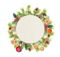 Christmas wreath - spruce branches, mistletoe, cookies, candycane. Watercolor circle
