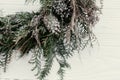 Christmas wreath. stylish rustic christmas wreath on white wooden door with pine cones,fir branches,snow. space for text. Royalty Free Stock Photo