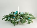 Christmas wreath table decoration banner. Green fir branches blue balls lights isolated white background minimalist Royalty Free Stock Photo