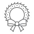 Christmas wreath thin line icon, xmas and winter, decoration sign, vector graphics, a linear pattern Royalty Free Stock Photo