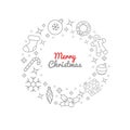 Christmas wreath thin line icons. Christmas ornament decoration, candy stick, ginger house and men, sock, holly berry, sparkles, l