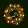 Christmas wreath, Christmas tree, golden balls, lighted candles, holly berries