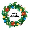 Christmas wreath with tree toys,garland,flowers and berries. New year design element. Royalty Free Stock Photo