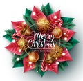Christmas wreath vector concept design. Merry christmas greeting text in wreath element with snowflakes, ball and candy cane. Royalty Free Stock Photo