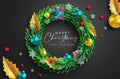 Christmas wreath vector concept design. Merry christmas text in grass wreath element with leaves, balls and gifts decoration. Royalty Free Stock Photo