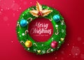 Christmas wreath vector concept design. Merry christmas greeting text in wreath with decoration elements of xmas balls, candy. Royalty Free Stock Photo