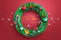 Christmas wreath vector concept design. Merry christmas greeting text in wreath element with snowflakes, balls and holy berry. Royalty Free Stock Photo