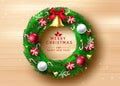 Christmas wreath vector concept design. Merry christmas text in wooden background with bells, balls and gifts xmas element. Royalty Free Stock Photo