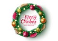 Christmas wreath vector design. Merry christmas greeting text in wreath element with balls, snowflakes and leaves xmas elements. Royalty Free Stock Photo