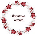Christmas wreath, vector hand-drawn illustration. Contour branches with red poinsettia flowers Royalty Free Stock Photo