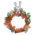 Christmas wreath. Vector illustration isolated on white background. New Year`s hare. Coniferous branches and decorations Royalty Free Stock Photo