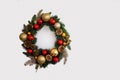 Christmas wreath on white background.Eco natural frame. winter, new year Holidays concept as top view, copyspace. greeting card te Royalty Free Stock Photo
