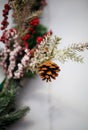 Christmas wreath on white background.Eco natural frame. winter, new year Holidays concept as top view, copyspace. greeting card te Royalty Free Stock Photo