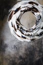 Christmas wreath of feathers on a gray background with divorces
