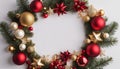 christmas wreath on white Christmas frame spruce, red & gold christmas decorations on white background. Copy space. Royalty Free Stock Photo