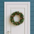 Christmas wreath on white doors. Christmas decoration. 3D render. Royalty Free Stock Photo