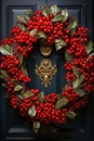 Christmas wreath from winter berries on the wooden door