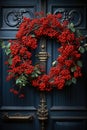 Christmas wreath from winter berries on the wooden door